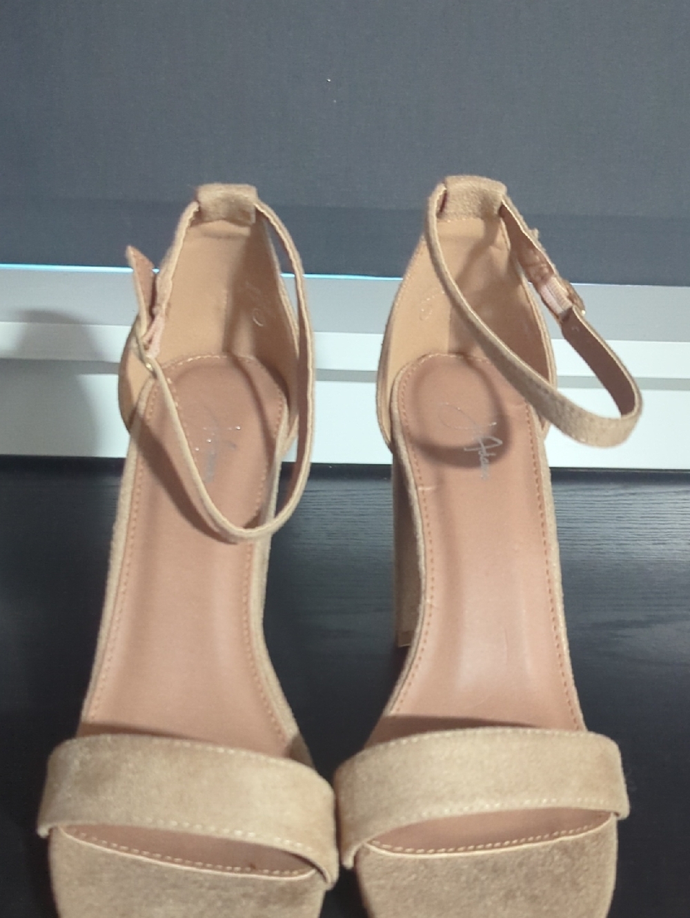 Neutral Beige/Nude Suede Ankle-Strap Block Heels - Women